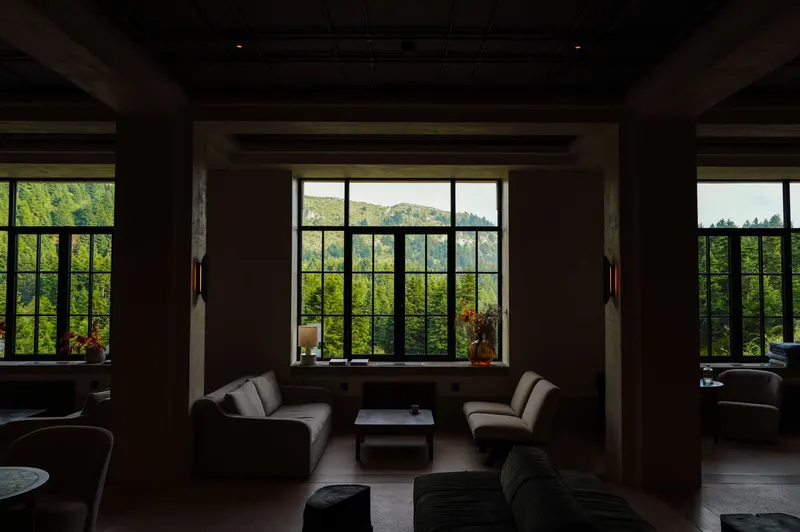 Salon d'un chalet-hôtel avec cheminée