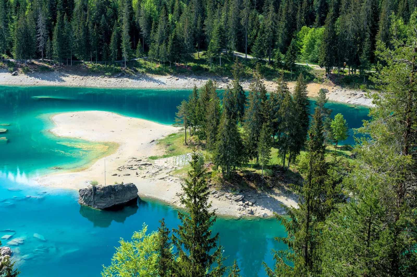 Rives et eaux turquoise d'un lac alpin